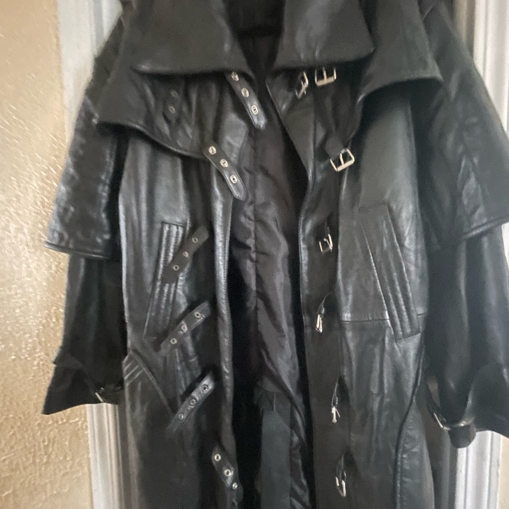 Black leather trench coat